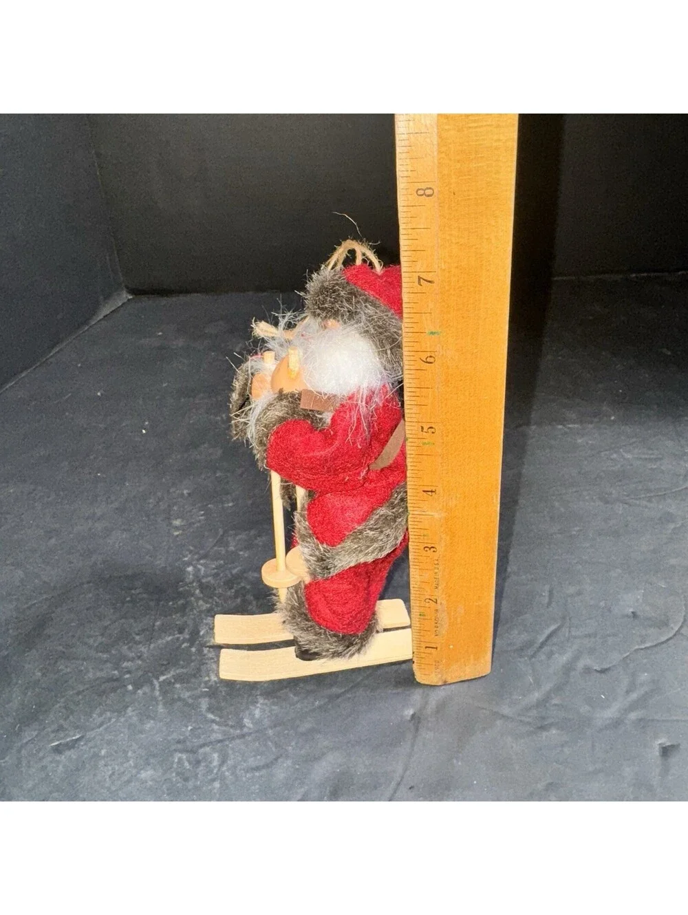 Vtg Santa Claus Skiing Figurine 7” Wooden Skis & Poles Faux Fur Trim Christmas
